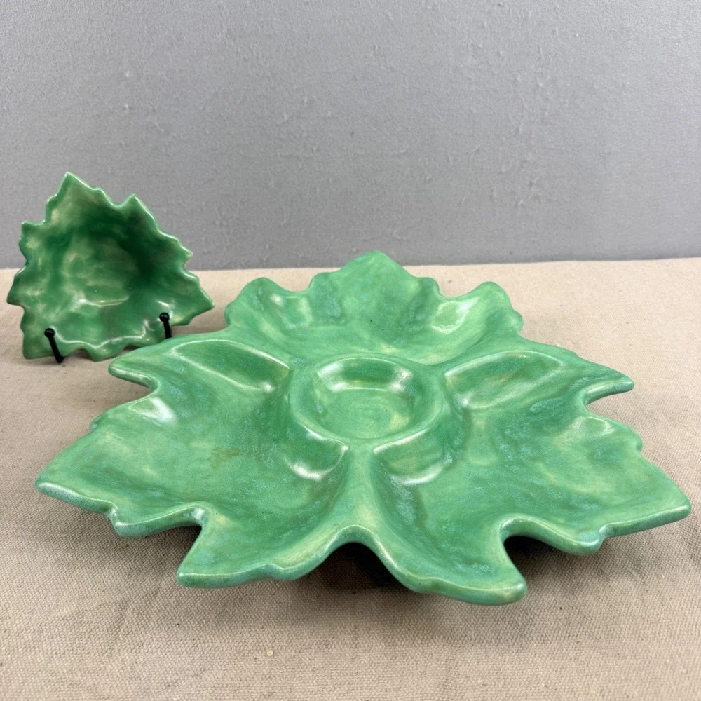 Vintage Green Leaf Chip and Dip‎ Set Signed GJS Studio Pottery Mid Century Style